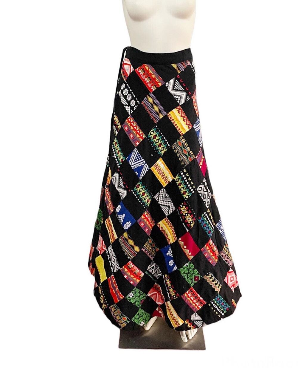 Vintage Handmade Patchwork Quilted Multicolor Aztec Wrap Maxi Skirt One Size